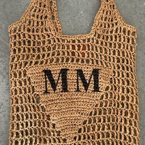 Tan Crochet Tote Bag - custom monogram, never used.
